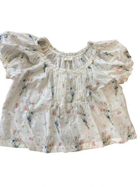 Doen White Floral Puff-Sleeve Blouse with Pintuck Front